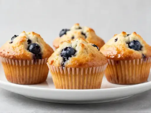 Vier saftige Blaubeermuffins, perfekt gebacken im Philips Airfryer, auf einem weißen Teller.