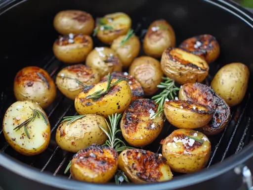 Gegrillte Rosmarinkartoffeln mit grobem Salz und Kräutern auf einem Rost. Perfekt für den Sommer!