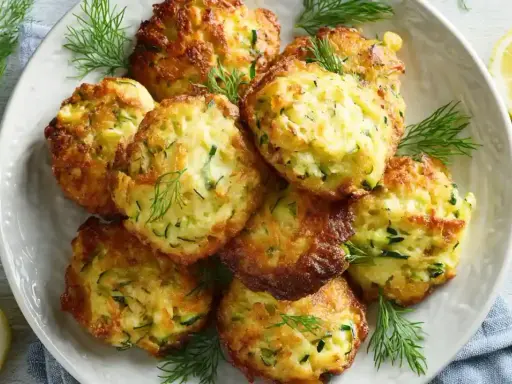 Goldbraune zucchini karotten puffer, garniert mit Dill und Zitrone, duften verführerisch.