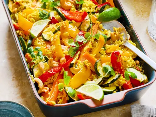 Buntes Gericht mit Reis, Paprika, Zucchini, Karotten und Cashewkernen, garniert mit Koriander und Limettenspalten. Ein köstliches Gericht mit Reis für jeden Anlass.