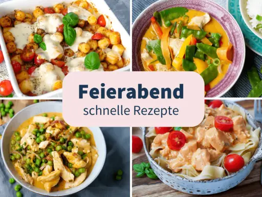 Vier leckere, schnelle Gerichte für den Feierabend: Gnocchi-Auflauf, Hähnchen-Curry, Hähnchen mit Erbsen und Pasta mit cremiger Sauce.