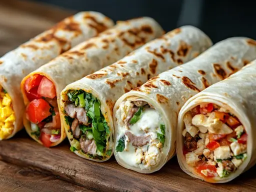 Fünf bunte Wraps, die Lust aufs Wraps selber machen machen: gefüllt mit Hähnchen, Gemüse und Käse.