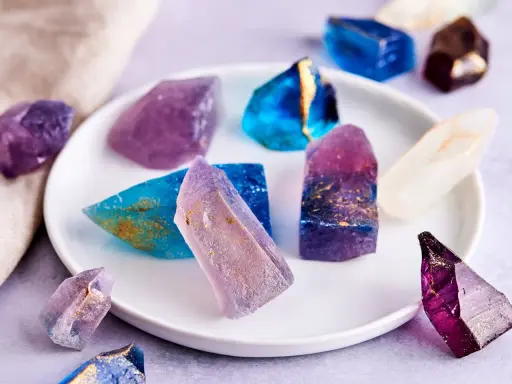 Bunte, essbare Kristalle selber machen: glitzernde Zuckerstücke in Blau, Lila und Weiß mit goldenen Akzenten auf einem Teller.