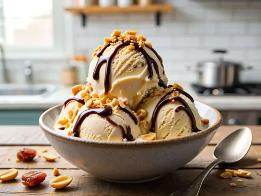 Schokoladiges Snickers Eis selber machen: Cremiges Eis mit Schokosauce und Erdnüssen in einer Schüssel.