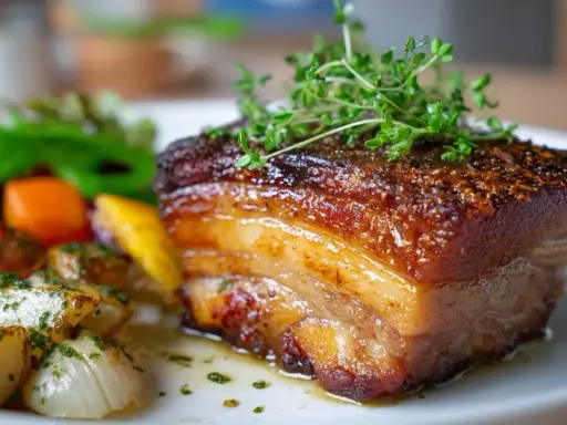 Knusprig gebratenes Bauchfleisch mit Kräutern garniert, serviert mit geröstetem Gemüse.