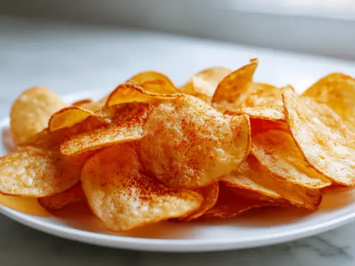 Knusprige Kartoffelchips, gewürzt mit Paprikapulver, frisch aus dem Airfryer auf einem Teller.