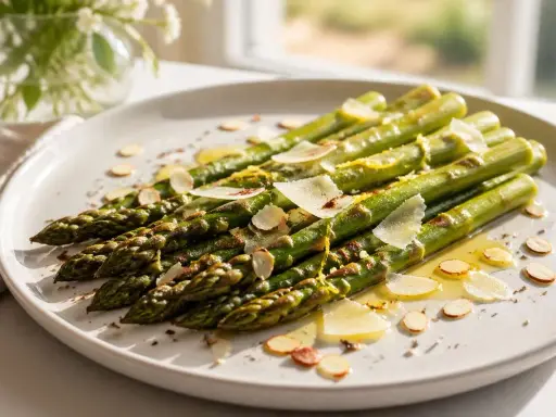 Gebratener Spargel mit Parmesan und Mandelsplittern auf einem Teller, garniert mit Zitronenschale.