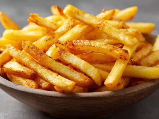 Knusprige Pommes aus dem Airfryer in einer Holzschale, perfekt gewürzt und goldbraun gebacken.