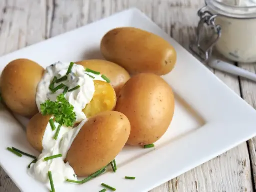 Kleine, goldbraune Kartoffeln mit cremigem Quark und frischem Schnittlauch garniert. Ein Klassiker: Kartoffeln mit Quark.