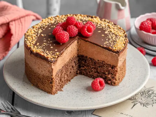 Eine köstliche Mousse au Chocolat Torte mit frischen Himbeeren und gehackten Nüssen, ein Traum für jeden Schokoladenliebhaber.