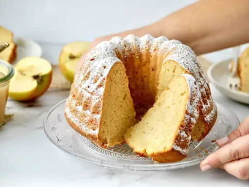 Ein saftiger Kuchen mit Apfelmus, bestäubt mit Puderzucker. Daneben liegen frische Apfelhälften und ein Glas Apfelmus.