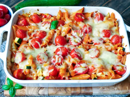 Ein köstlicher nudelauflauf vegetarisch mit Penne, Kirschtomaten und geschmolzenem Käse in einer weißen Auflaufform.