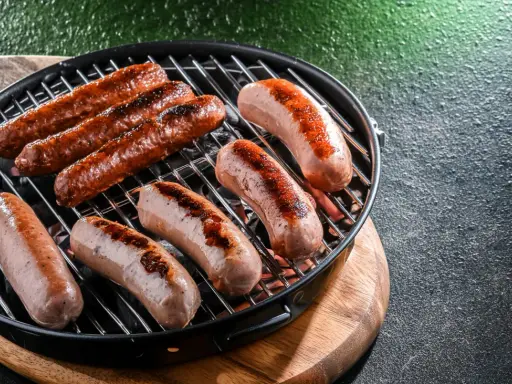 Saftige Bratwürste brutzeln auf einem Grill. Perfekt für leckere Bratwurst Rezepte, die jeden Gaumen erfreuen.
