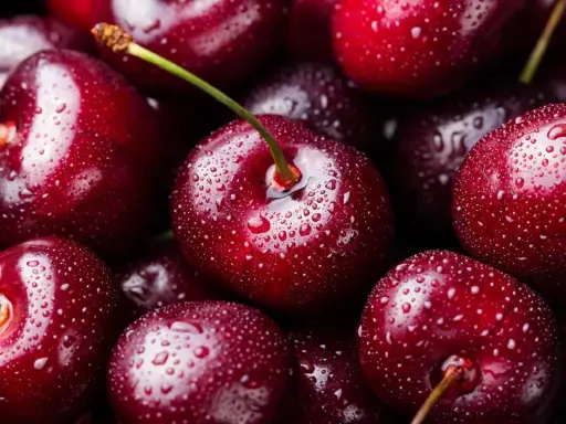 Saftige Kirschen mit Wassertropfen. Sie sind süß und haben kirschen viel zucker.