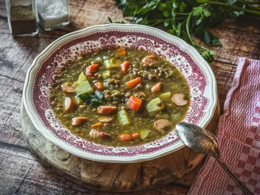 Herzhafte Linsensuppe mit Würstchen und Gemüse, ein Klassiker unter den Linsen Rezepten, serviert in einer schönen Schüssel.