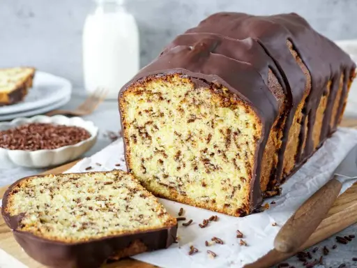 Schokoladenkuchen mit Streuseln, ein Klassiker unter den beliebte Kuchen Rezepten, serviert mit Milch.