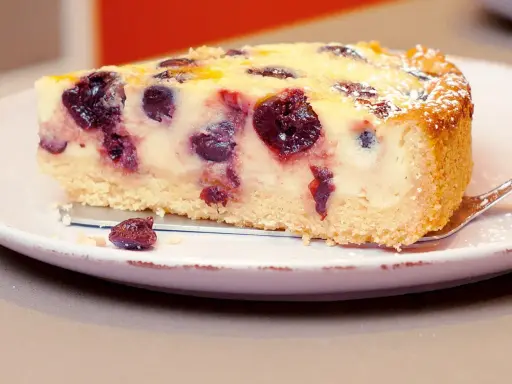Ein Stück Kirsch-Schmand-Kuchen, wie ihn Landfrauen backen, mit saftigen Kirschen und Puderzucker bestäubt.