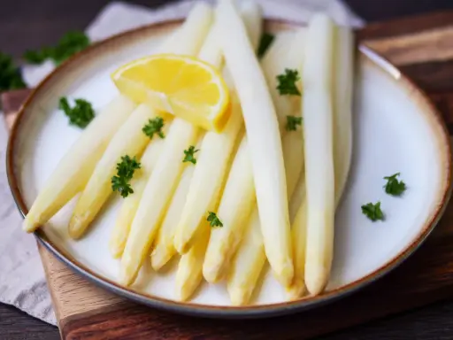 Frischer weißer Spargel, perfekt gegart, liegt auf einem Teller, garniert mit Petersilie und einer Zitronenspalte.