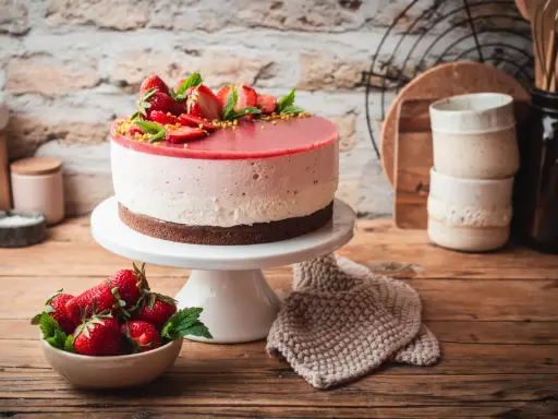 Eine köstliche Erdbeer Joghurt Torte, dekoriert mit frischen Erdbeeren und Minze, steht auf einem weißen Tortenständer.