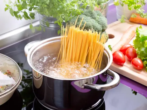 Spaghetti kochen: Lange Nudeln werden in kochendes Wasser gegeben. Frisches Gemüse wie Brokkoli, Karotten und Tomaten liegen bereit.