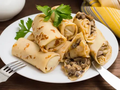 Herzhafte Pfannkuchen gefüllt mit Pilzen und Zwiebeln, garniert mit Petersilie, auf einem weißen Teller mit Gabel und Messer.