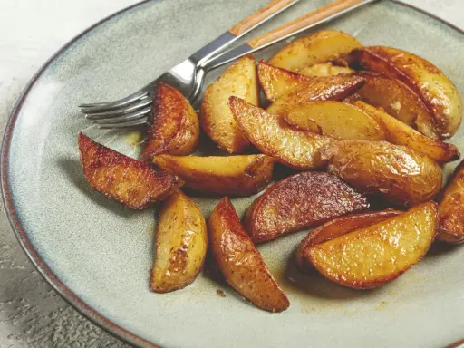 Goldbraune, knusprige Ofenkartoffeln auf einem Teller, bereit zum Genießen. Ein einfaches, leckeres Ofenkartoffeln Rezept.