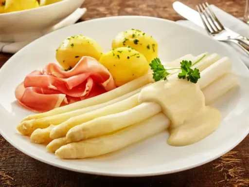 Spargel mit Sauce Hollandaise, kleinen Kartoffeln und Schinken. Eine Portion, die zeigt, wieviel Fisch pro Person auf den Teller passt, wenn man ihn durch Spargel ersetzt.