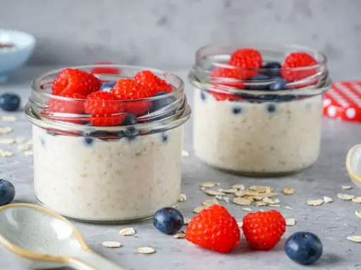 Zwei Gläser mit Overnight Oats, garniert mit frischen Himbeeren und Blaubeeren. Perfekt für ein gesundes Frühstück.