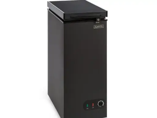 Schwarzer Klarstein Gefrierschrank mit Drehregler zur Einstellung der gefrierschrank temperatur.