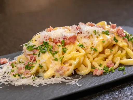 Ein Teller cremiger Spaghetti Carbonara, garniert mit Speckwürfeln, Petersilie und frisch geriebenem Parmesan.