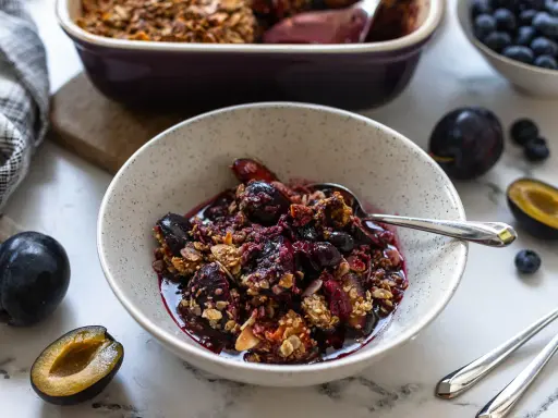 Ein köstlicher Zwetschgen Crumble, der gesund und fruchtig ist. Mit Haferflocken und Mandeln für den perfekten Crunch.