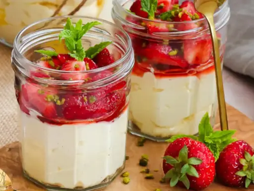 Zwei Gläser mit Erdbeer-Mascarpone-Creme, garniert mit frischen Erdbeeren, Minze und Pistazien.