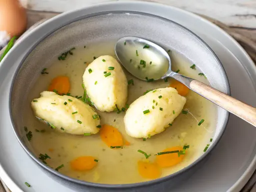 Schon die Vorstellung, dass Grießnockerl nicht weich werden, ist ein Graus! Hier schwimmen sie perfekt in klarer Brühe mit Karotten und Schnittlauch.