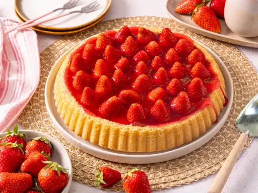 Ein köstlicher Obstboden mit frischen Erdbeeren und glänzender Gelee-Schicht. Perfekt für jedes Obstboden Rezept.