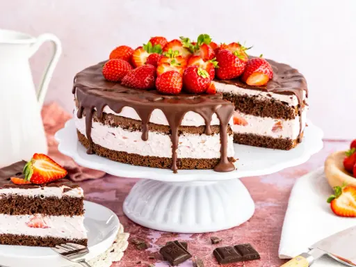 Ein saftiger Erdbeerkuchen mit Schokolade, dekoriert mit frischen Erdbeeren und Schokoladenglasur. Ein Stück ist bereits angeschnitten.