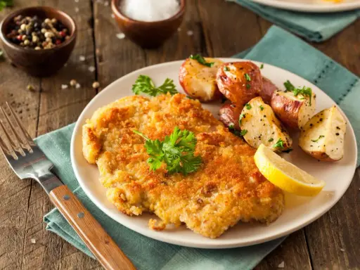 Goldbraunes Schnitzel, perfekt paniert, mit Rosmarinkartoffeln und Zitrone auf einem Teller.