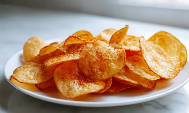 Knusprige Kartoffelchips, gewürzt mit Paprikapulver, frisch aus dem Airfryer auf einem Teller.