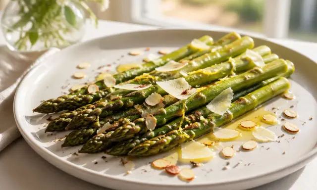 Gebratener Spargel mit Parmesan und Mandelsplittern auf einem Teller, garniert mit Zitronenschale.