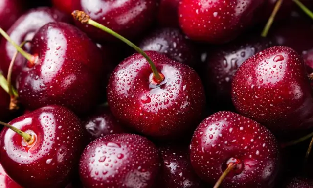 Saftige Kirschen mit Wassertropfen. Sie sind süß und haben kirschen viel zucker.