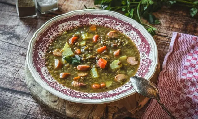 Herzhafte Linsensuppe mit Würstchen und Gemüse, ein Klassiker unter den Linsen Rezepten, serviert in einer schönen Schüssel.