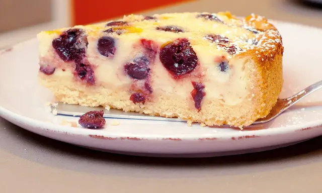 Ein Stück Kirsch-Schmand-Kuchen, wie ihn Landfrauen backen, mit saftigen Kirschen und Puderzucker bestäubt.