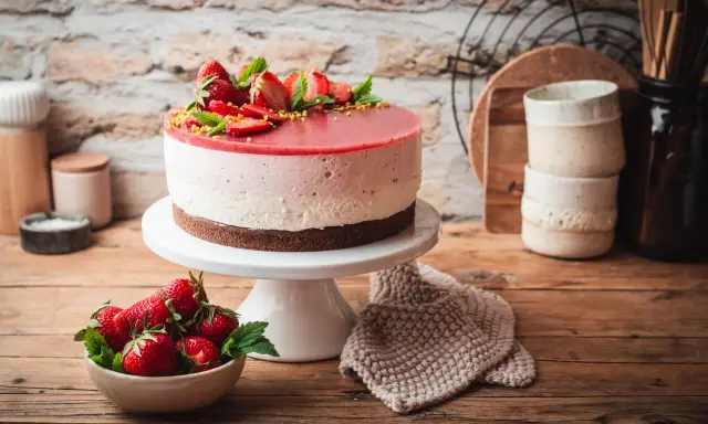Eine köstliche Erdbeer Joghurt Torte, dekoriert mit frischen Erdbeeren und Minze, steht auf einem weißen Tortenständer.