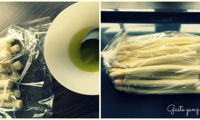 Frischer weißer Spargel im Bratschlauch, bereit für die Zubereitung.