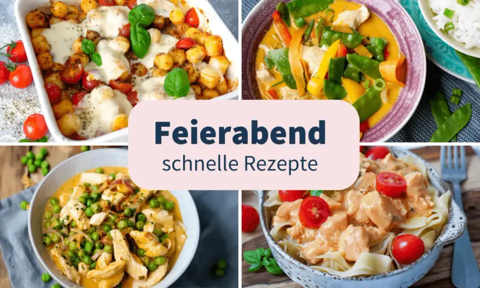 Vier leckere, schnelle Gerichte für den Feierabend: Gnocchi-Auflauf, Hähnchen-Curry, Hähnchen mit Erbsen und Pasta mit cremiger Sauce.