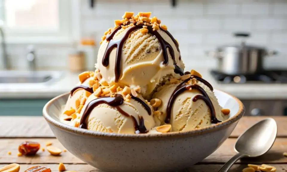 Schokoladiges Snickers Eis selber machen: Cremiges Eis mit Schokosauce und Erdnüssen in einer Schüssel.