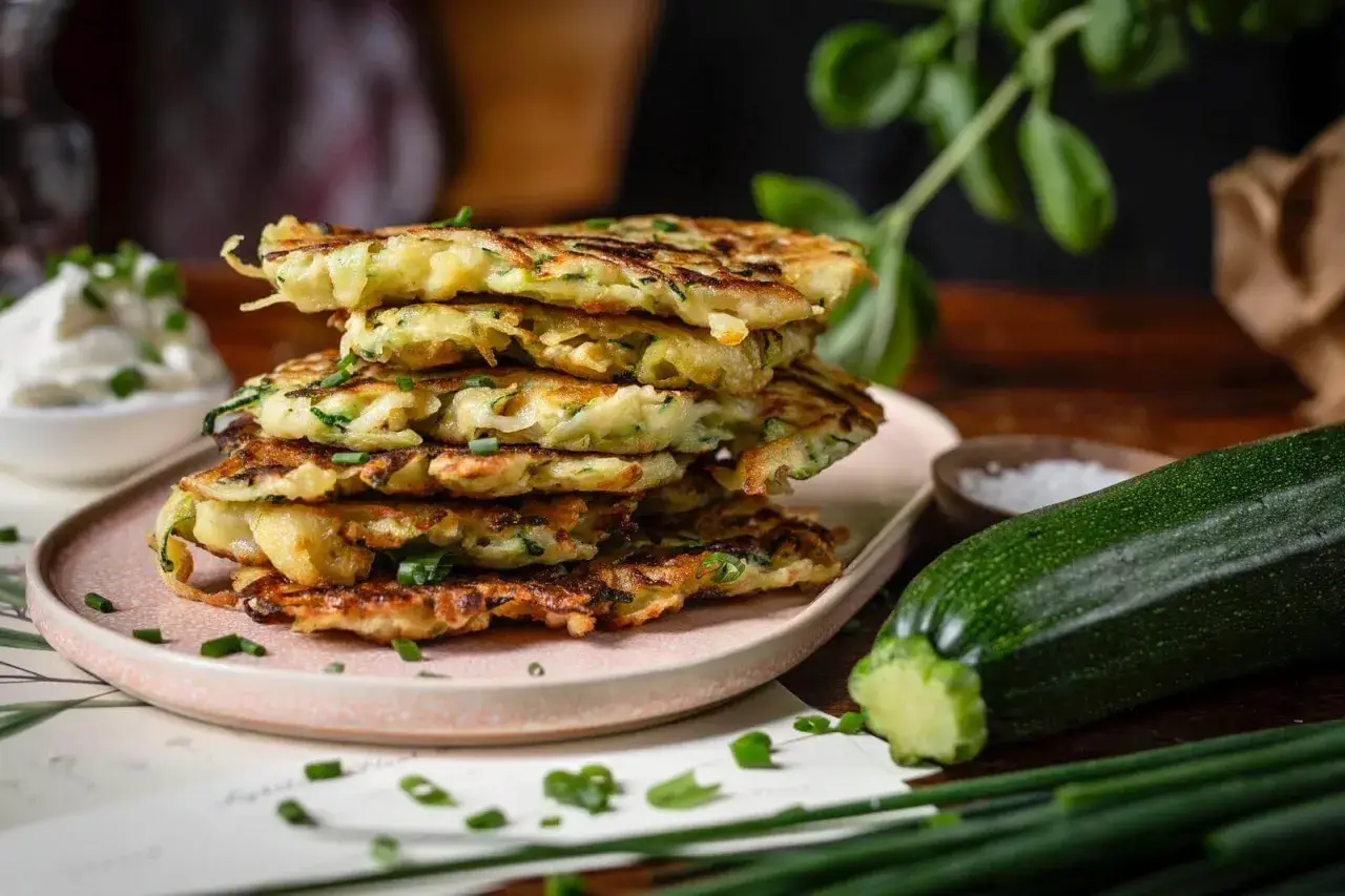Stapel goldbrauner Zucchinipuffer, garniert mit Schnittlauch. Perfekt für leichte Zucchini Rezepte.