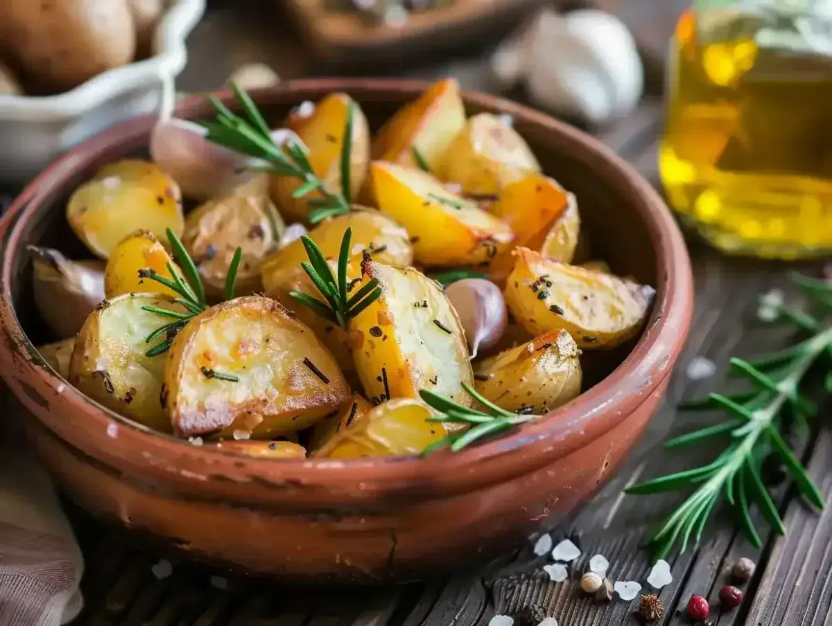 Knusprige Rosmarinkartoffeln mit Knoblauch und Kr&auml;utern in einer Terrakotta-Schale, bereit zum Genie&szlig;en.