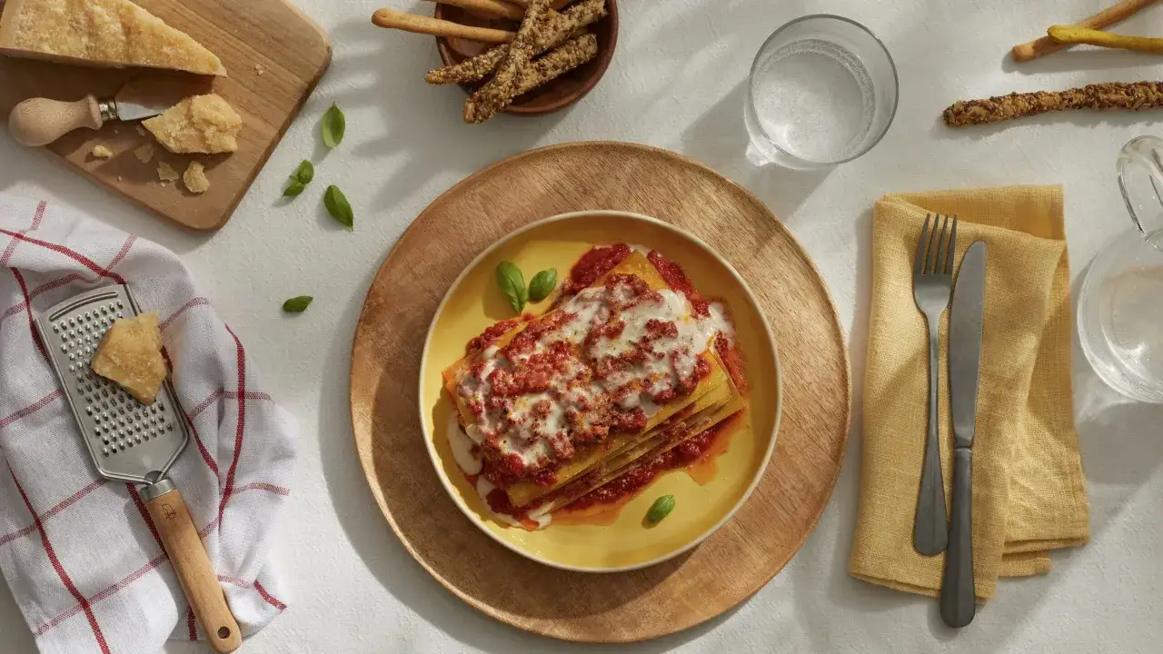 Ein k&ouml;stliches Lasagne-Rezept, serviert auf einem gelben Teller, mit Parmesan, Grissini und frischem Basilikum.