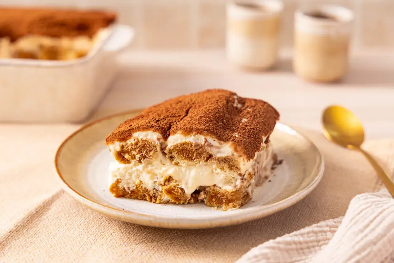 Ein St&uuml;ck Tiramisu, perfekt f&uuml;r Ihr n&auml;chstes tiramisu rezept. Mit L&ouml;ffelbiskuit, Creme und Kakaopulver.
