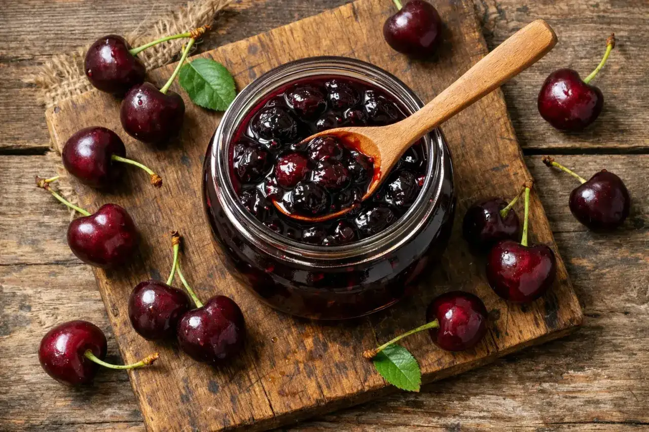 Ein Glas Kirschmarmelade, umgeben von frischen Kirschen. So lecker sind Kirschen!